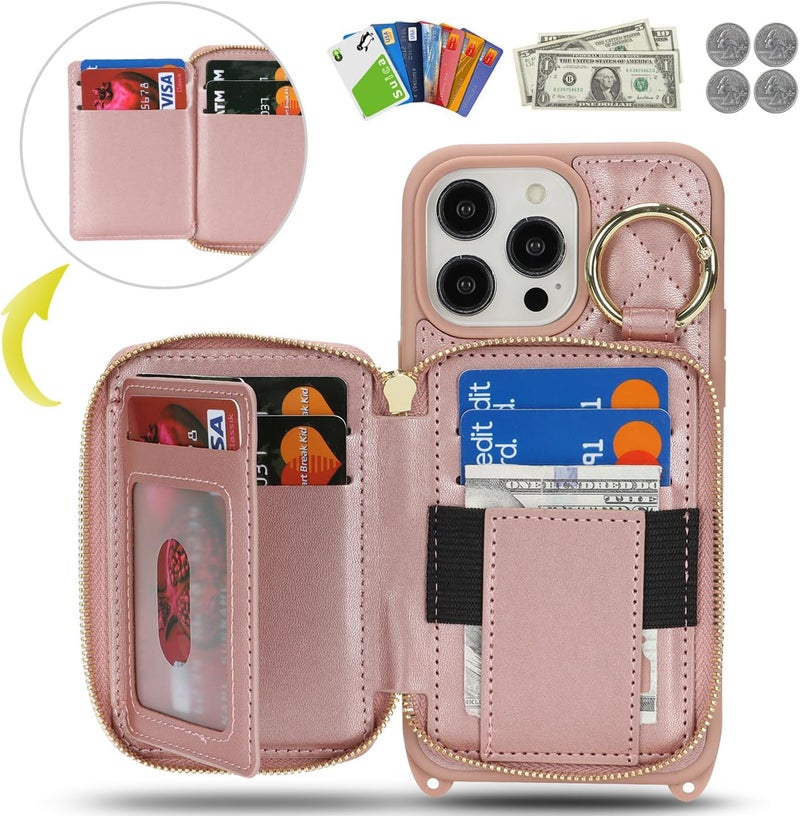 Hamany Crossbody Wallet Case for iPhone 12 Pro Max, PU Leather Zipper Handbag Purse Flip Cover, Kickstand Folio Case with Card Slots Holder Wrist Strap Lanyard 5G 6.7 Inch-Rose Gold - Image 2
